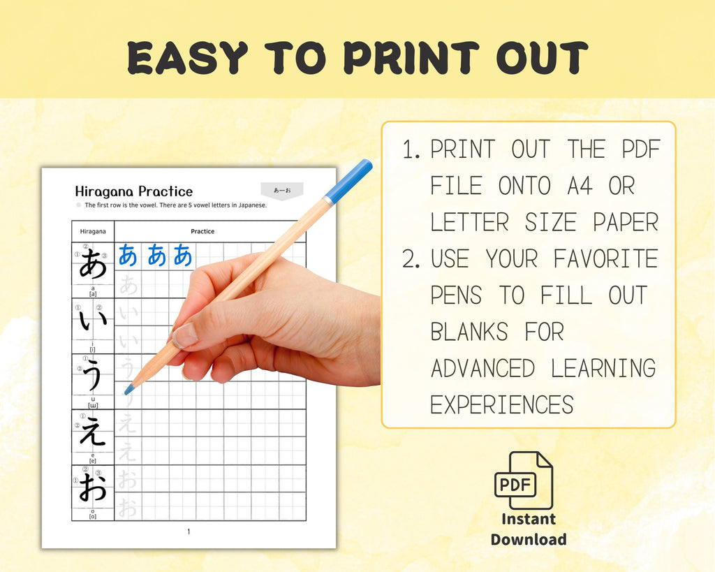 Hand holding a pen over a Japanese Hiragana practice sheet with text on a yellow background.