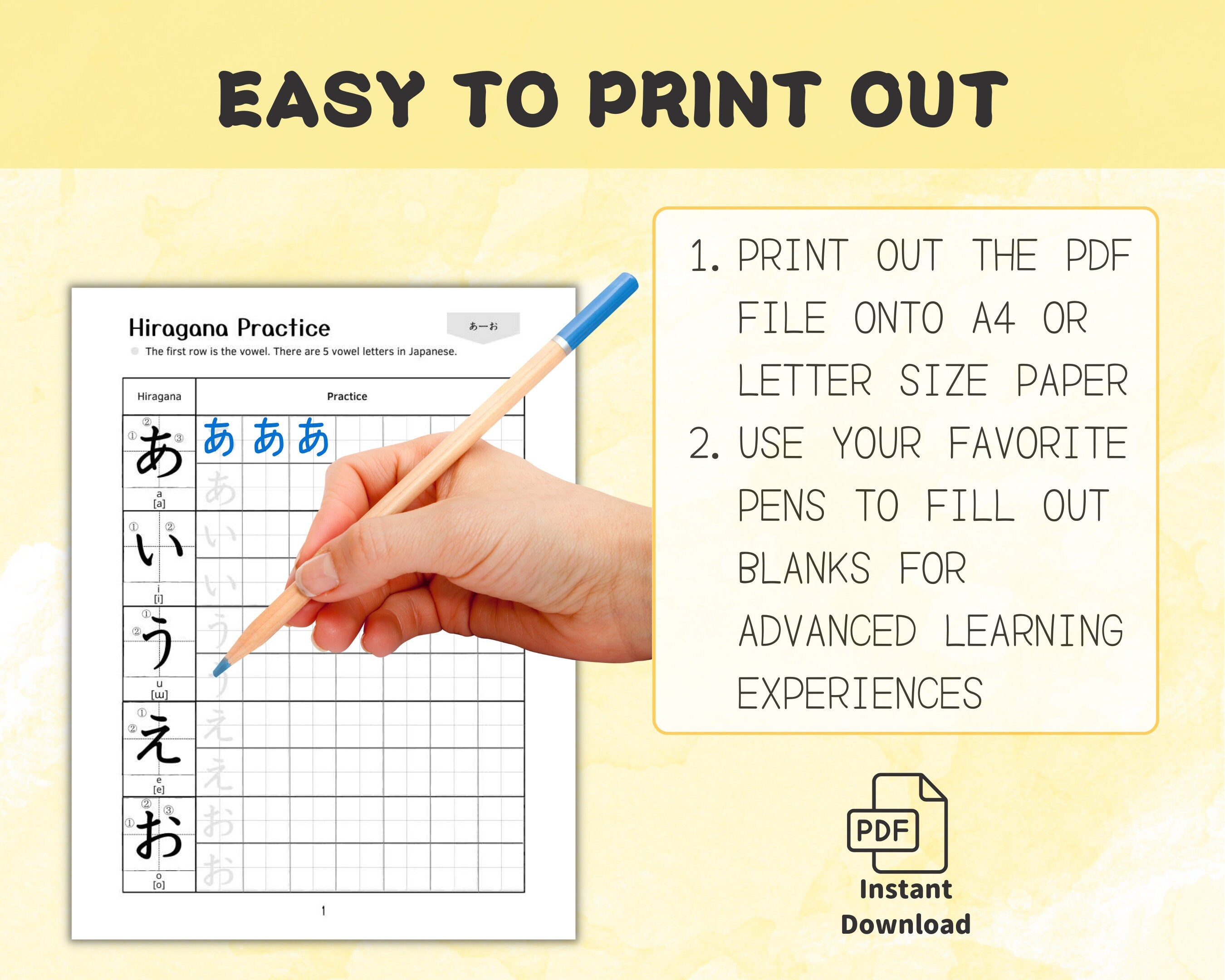 Hand holding a pen over a Japanese Hiragana practice sheet with text on a yellow background.