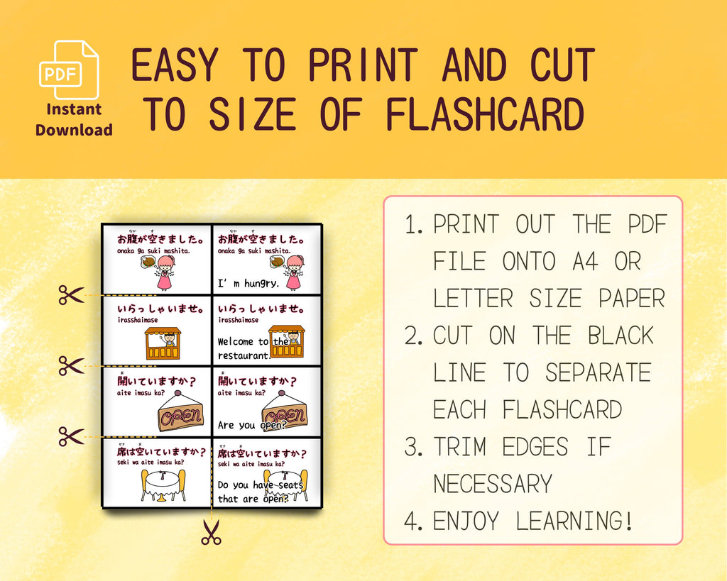 Instructions for printing and cutting flashcards from a PDF file on a yellow background.