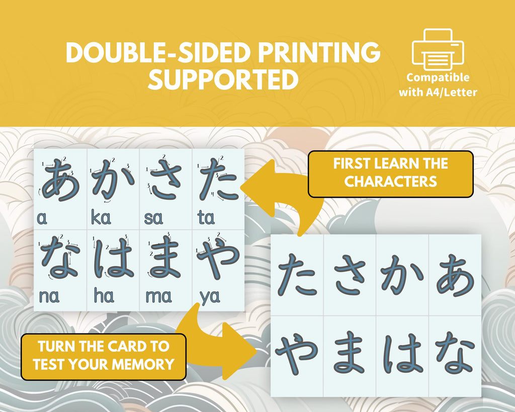 Educational card with Japanese characters and text on a yellow background