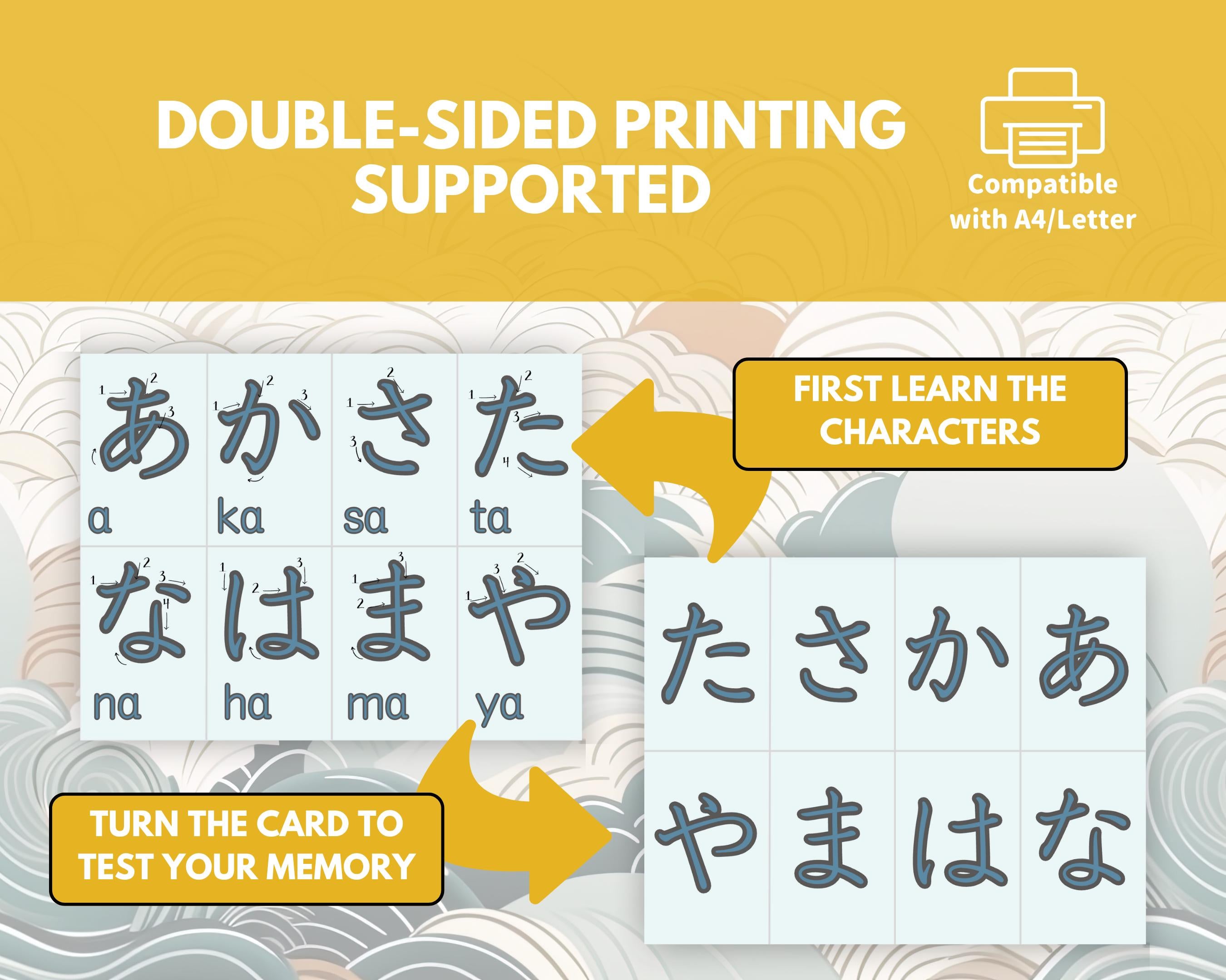Educational card with Japanese characters and text on a yellow background