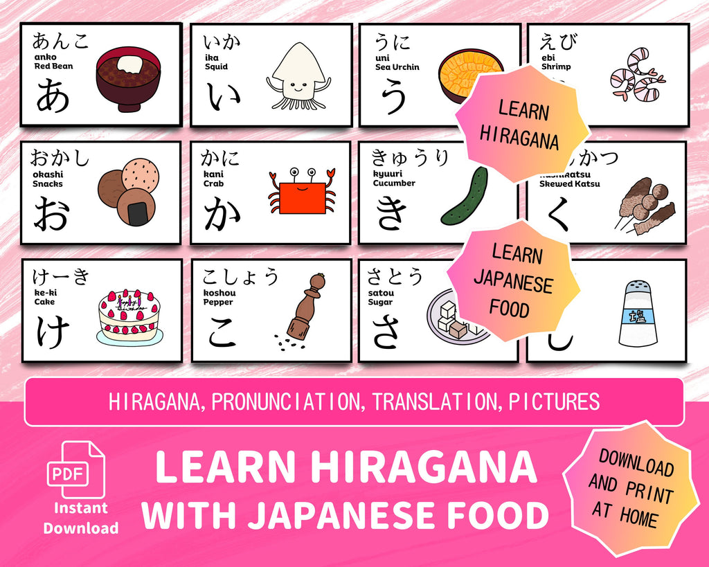 Educational cards for learning Hiragana with Japanese food illustrations on a pink background.