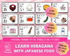 Educational cards for learning Hiragana with Japanese food illustrations on a pink background.