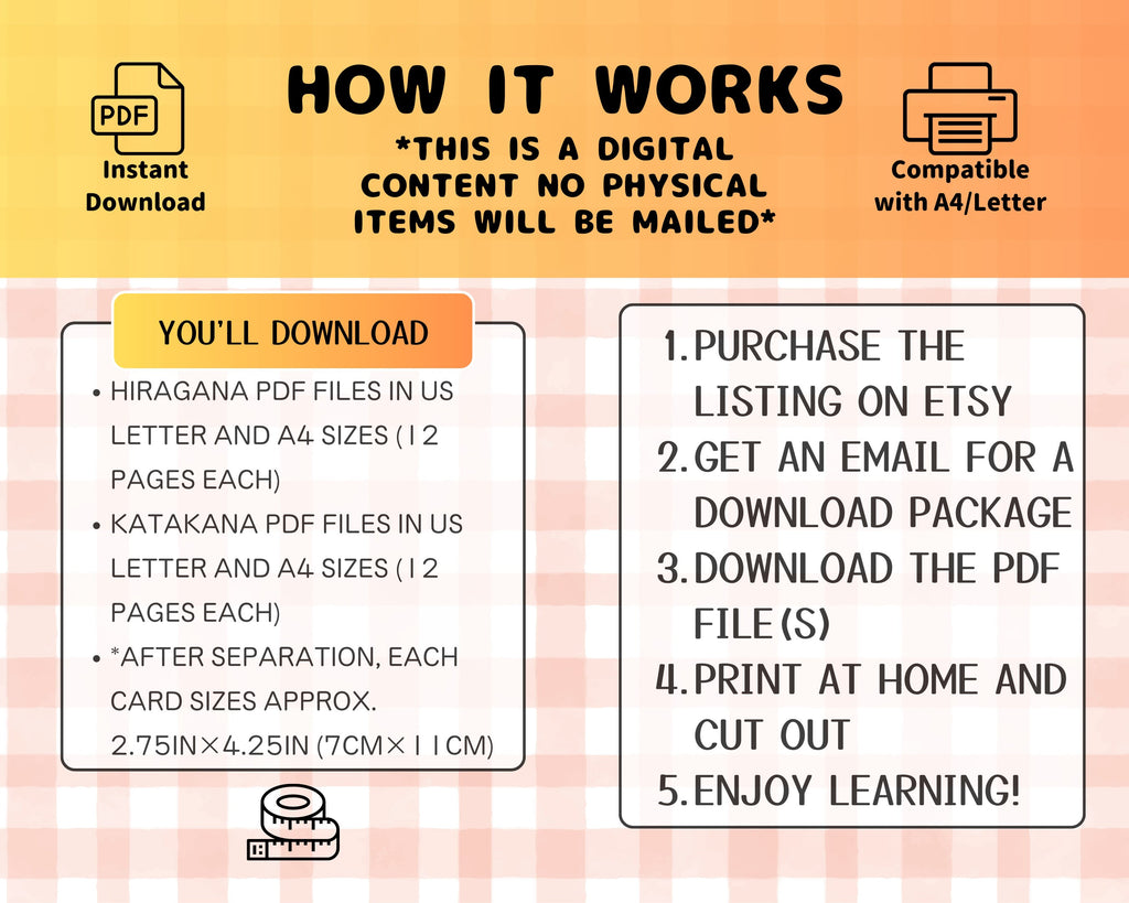 Instructions for downloading and using HIRAGANA and KATAKANA PDF files on a checkered background.