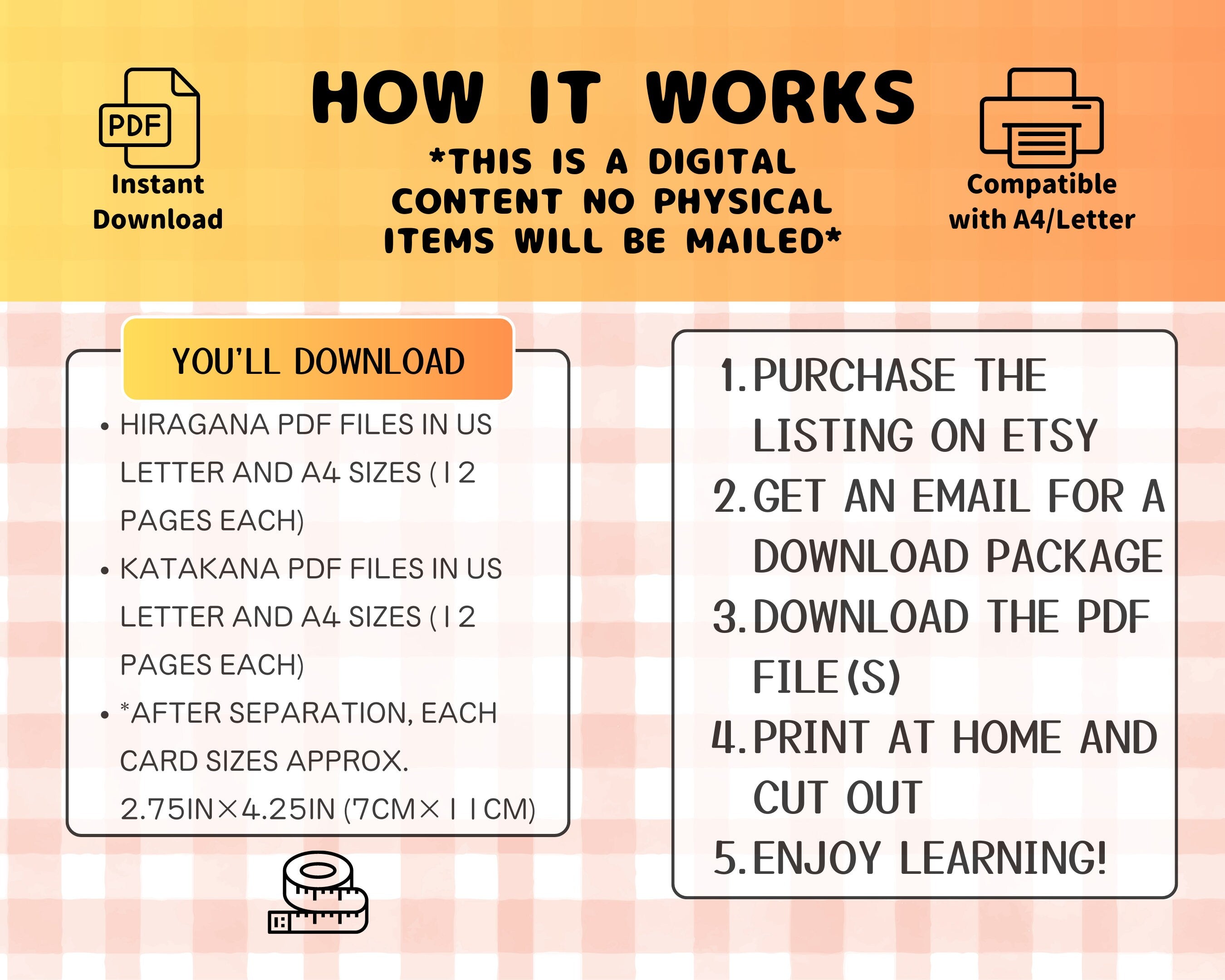 Instructions for downloading and using HIRAGANA and KATAKANA PDF files on a checkered background.