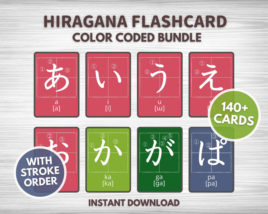 Hiragana flashcard color-coded bundle with stroke order on a gray background