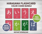 Hiragana flashcard color-coded bundle with stroke order on a gray background