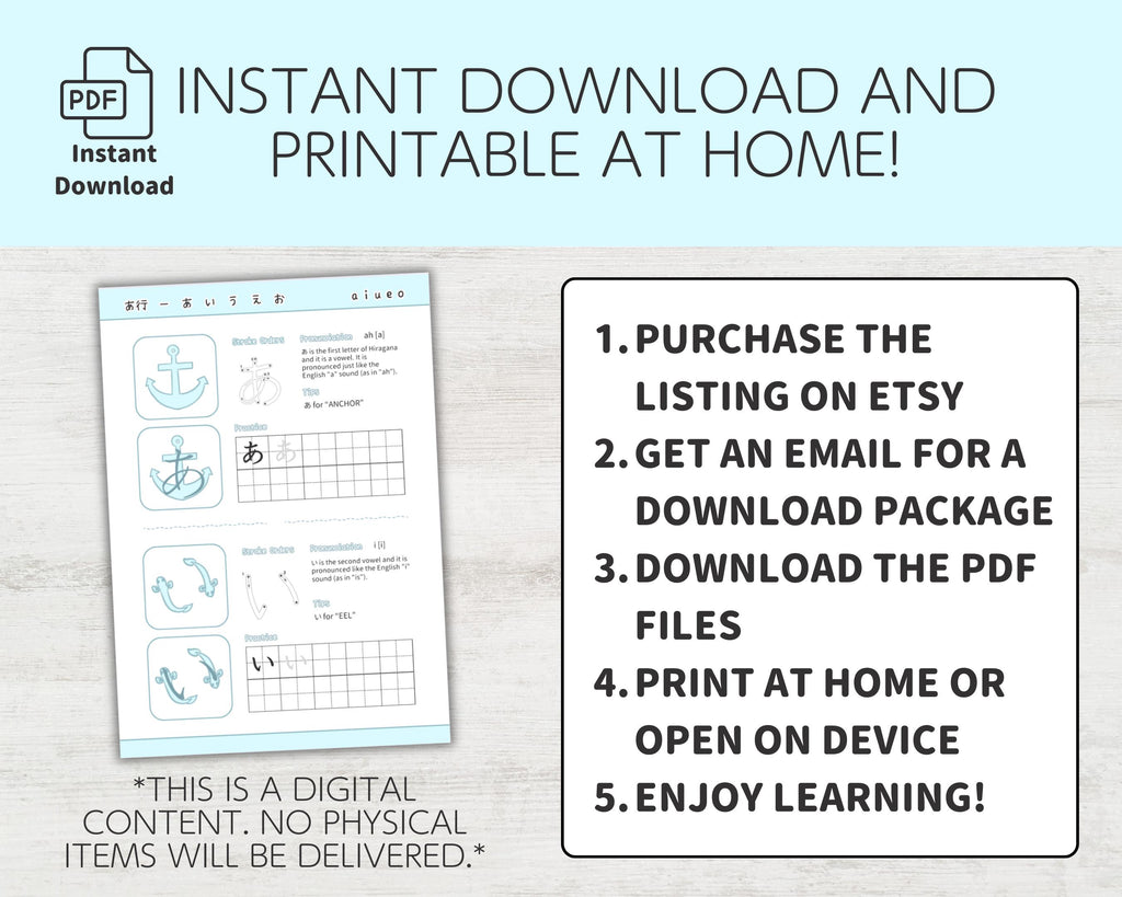 Digital product download instructions with a sample PDF on a light gray background