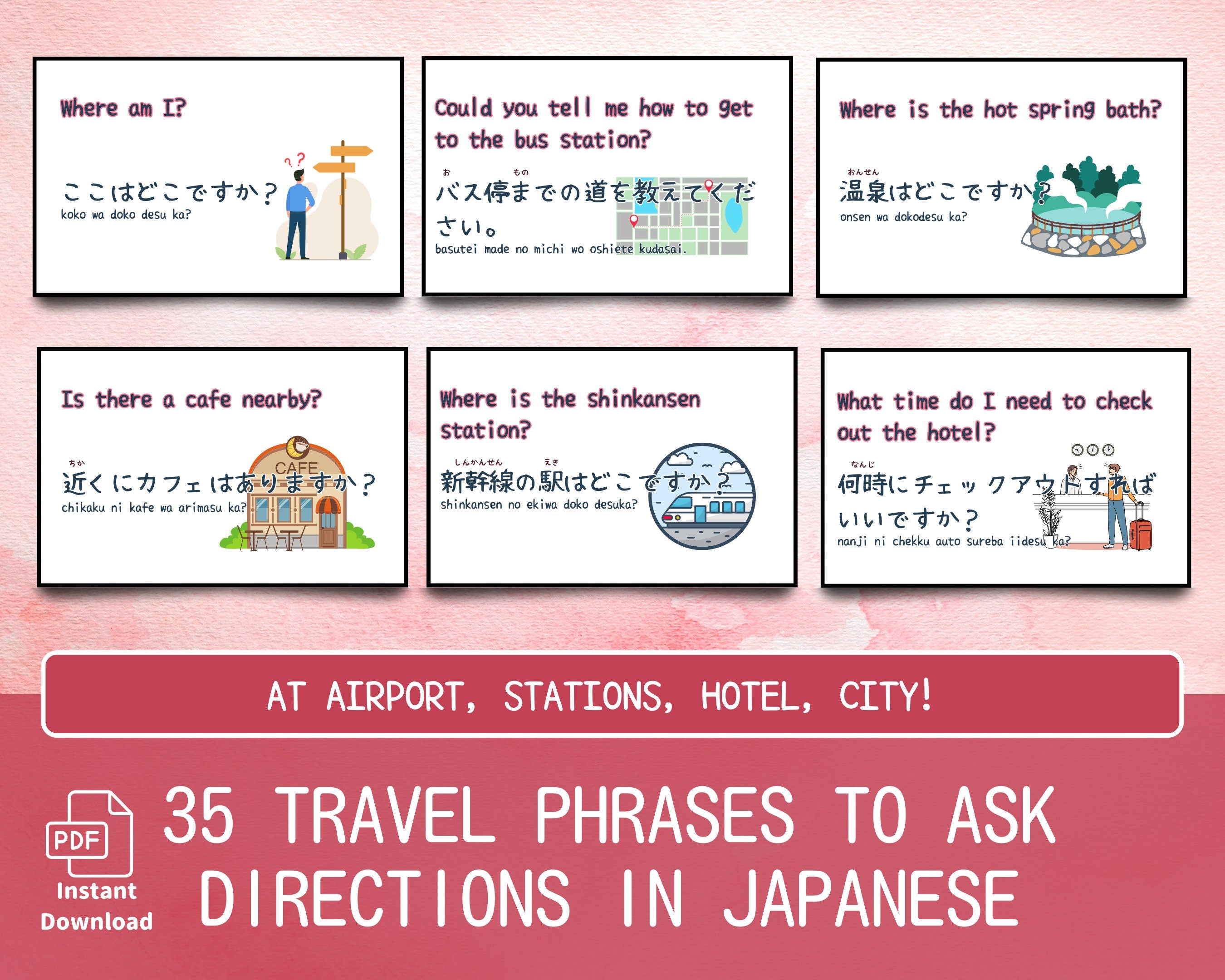 Set of travel phrases in Japanese for directions with corresponding illustrations on a pink background.