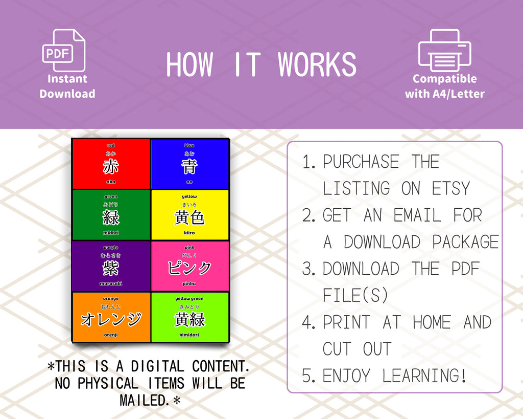 Instructions for using a digital product with colorful squares and text on a purple background.