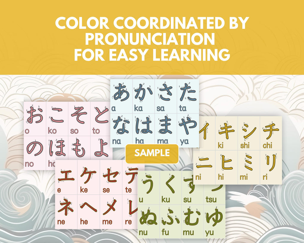 Color-coordinated Japanese phonetic flashcards on a decorative background