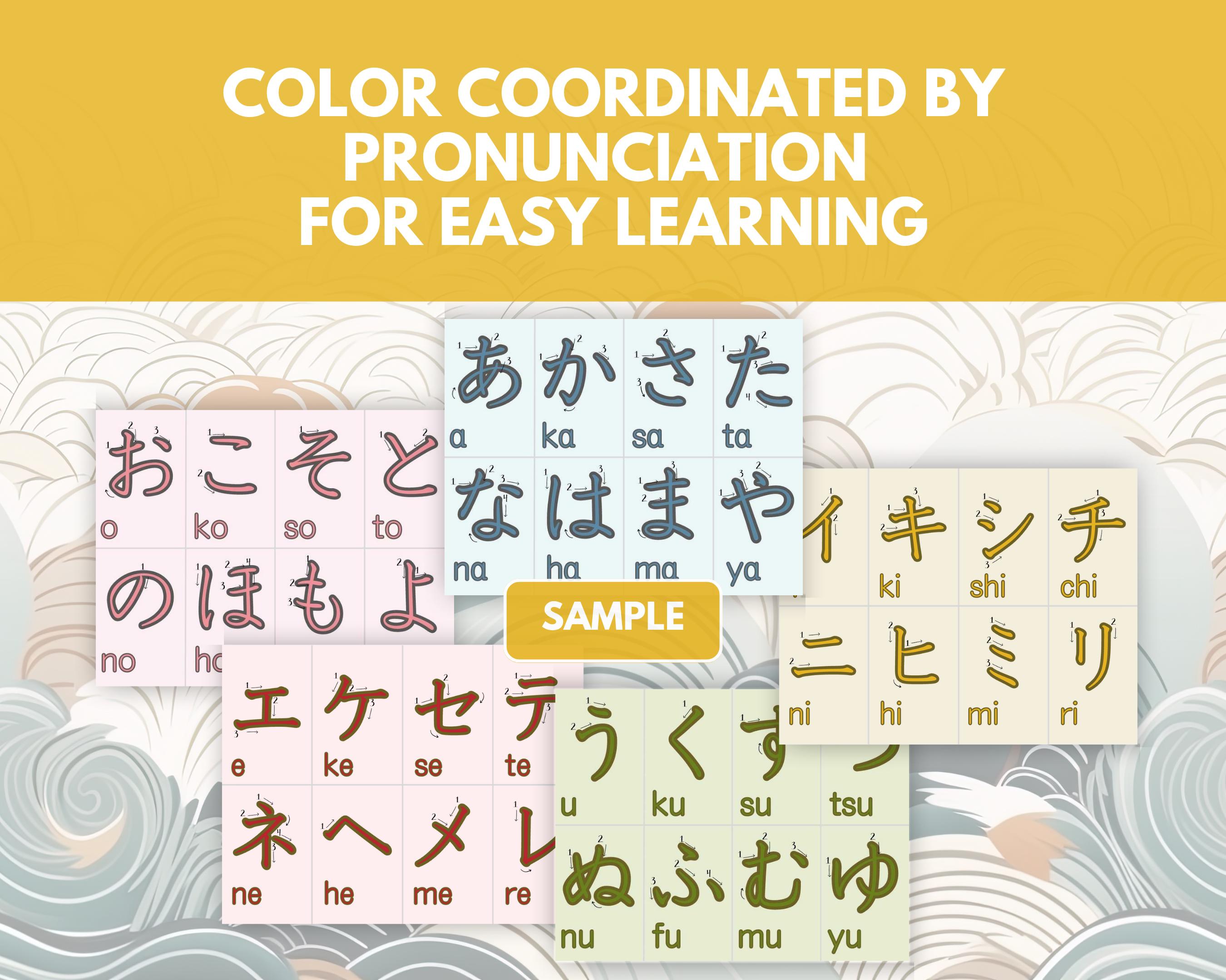 Color-coordinated Japanese phonetic flashcards on a decorative background