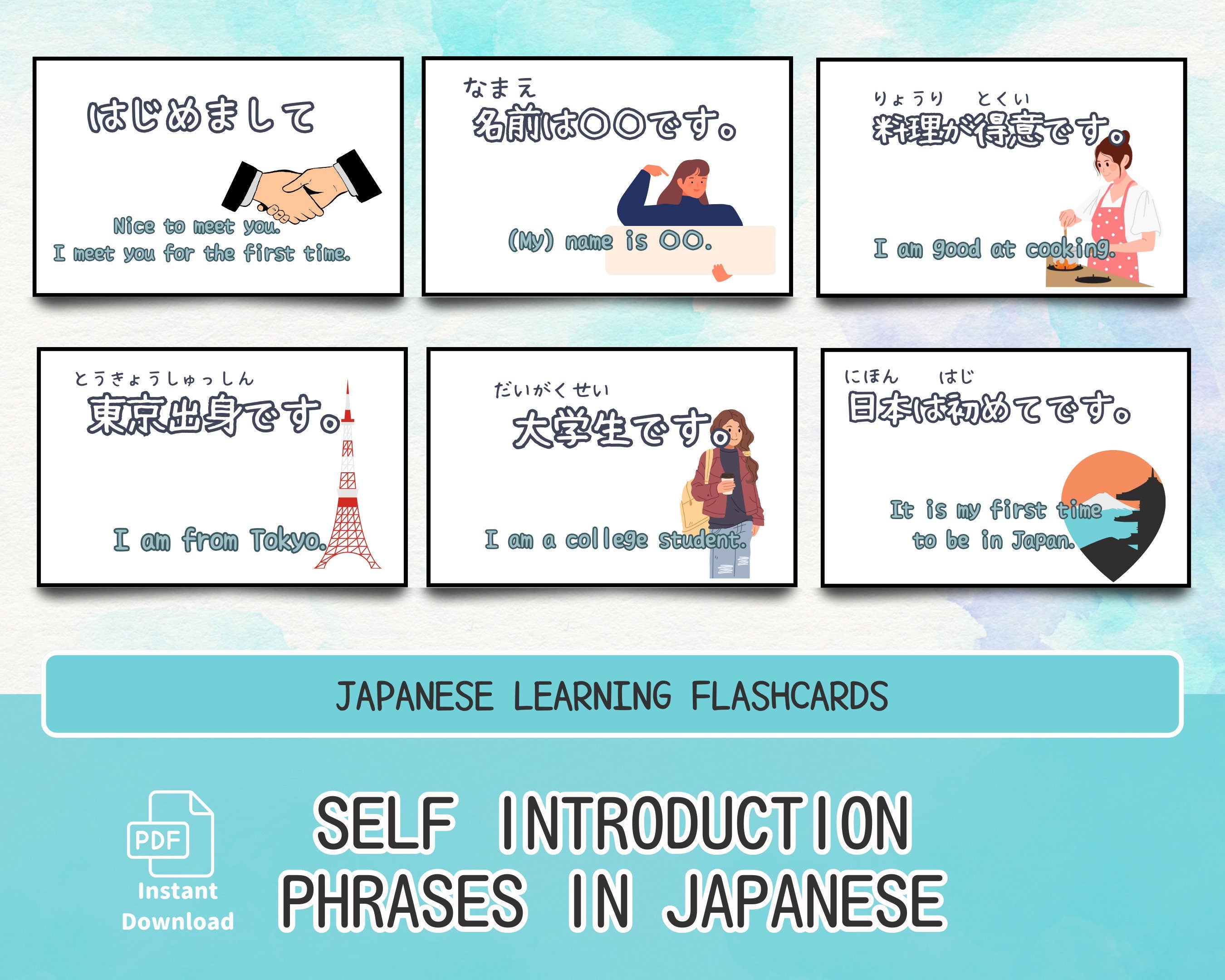 Set of Japanese learning flashcards with self-introduction phrases on a blue background.