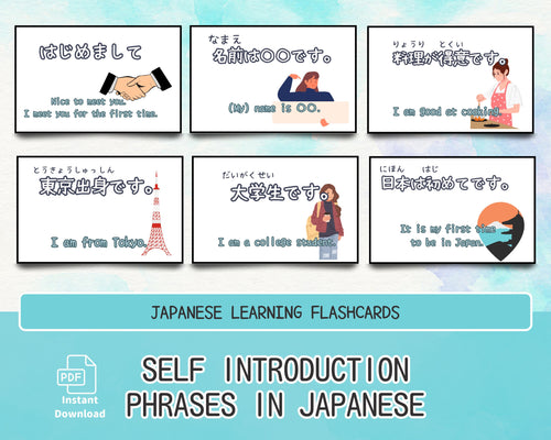 Set of Japanese learning flashcards with self-introduction phrases on a blue background.