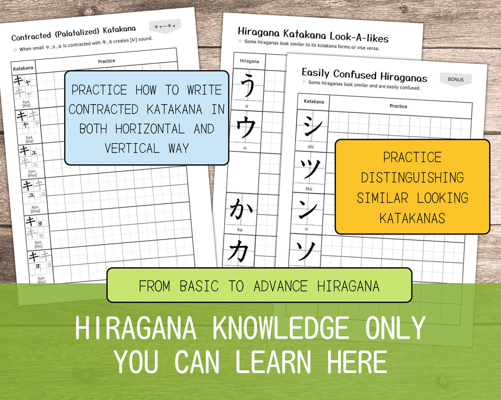 Hiragana practice sheets on a wooden surface with text about learning Hiragana.