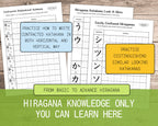 Hiragana practice sheets on a wooden surface with text about learning Hiragana.
