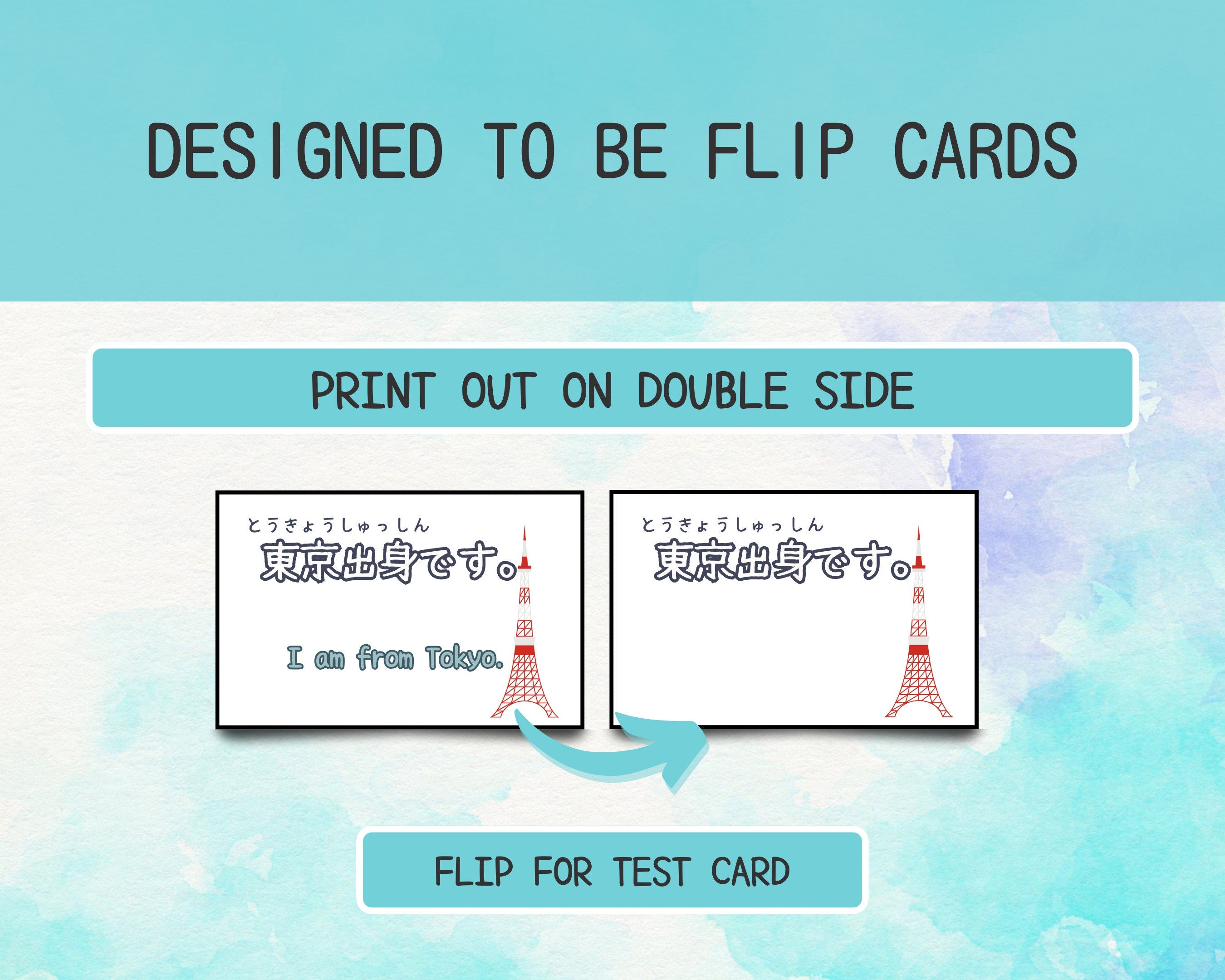 Flip card design with text and Tokyo Tower illustration on a blue background