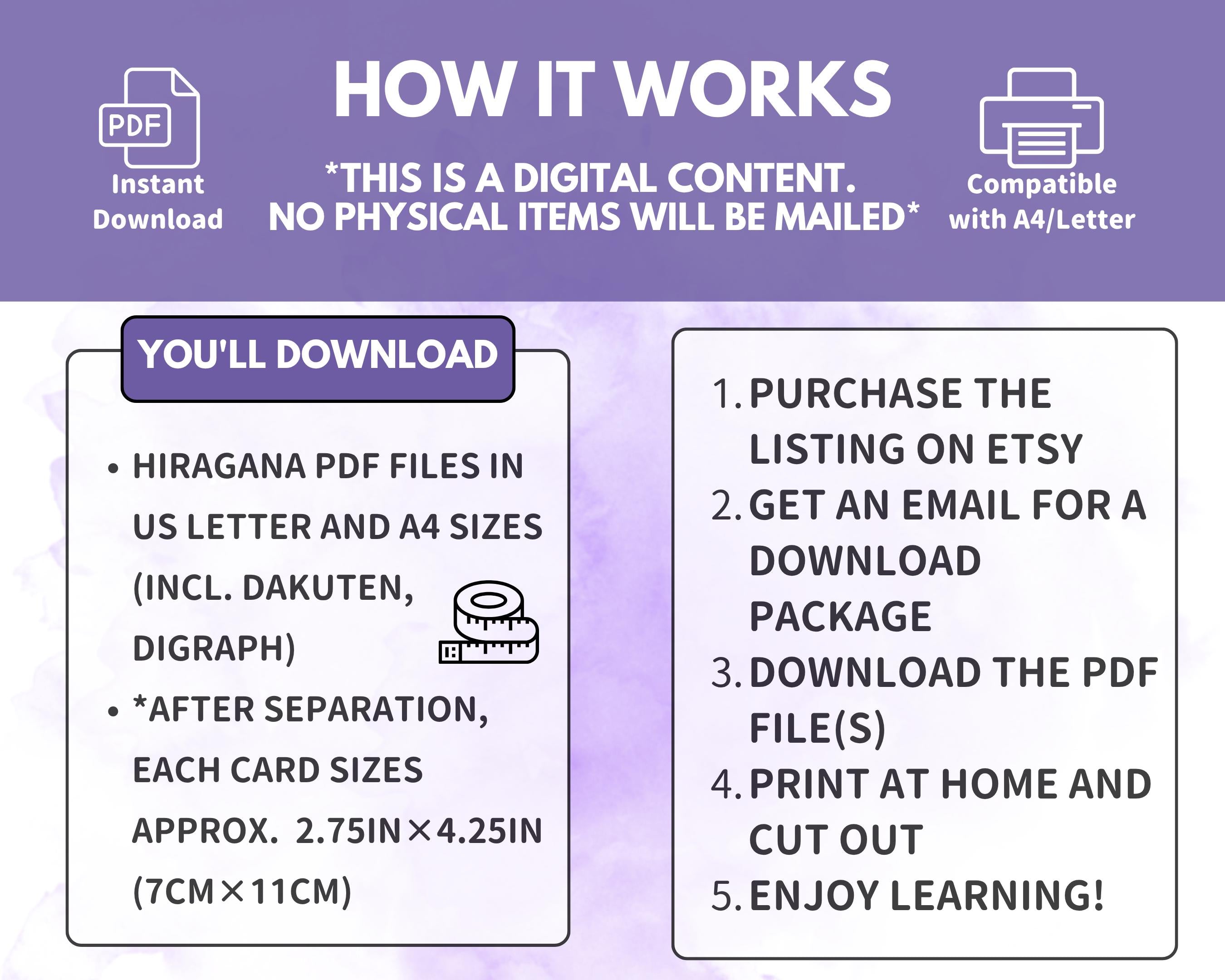 Instructions for downloading Hiragana PDF files on a purple background