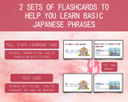 Promotional graphic for flashcards to learn basic Japanese phrases with text and images on a pink background.