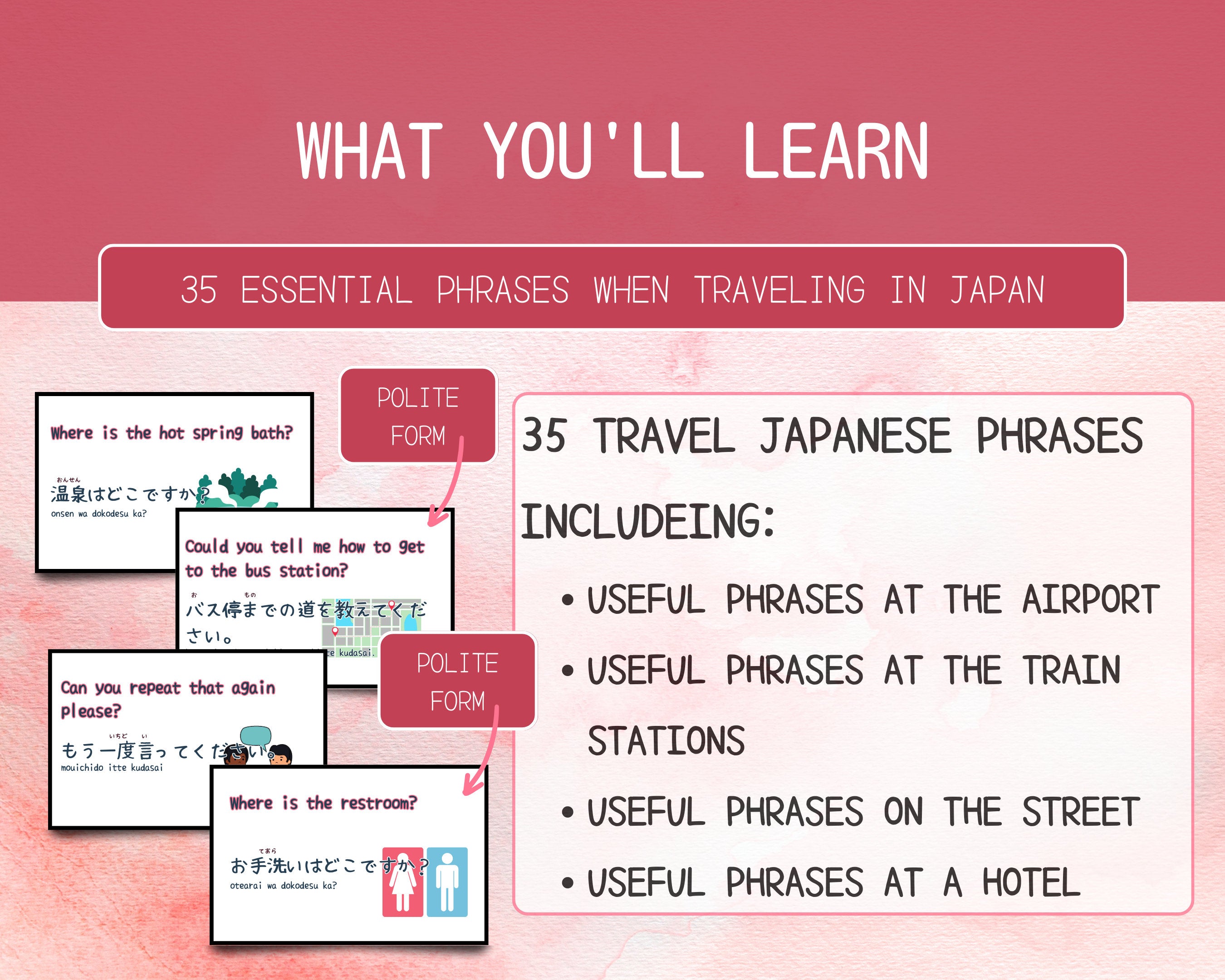 Instructional slide about essential travel phrases in Japan with examples and categories.
