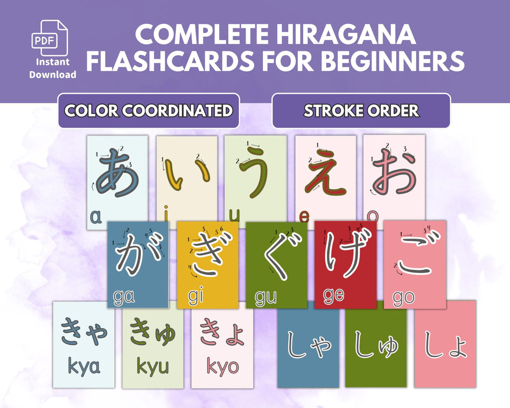 Flashcards for learning hiragana with color-coordinated and stroke-order features on a purple background.