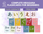 Flashcards for learning hiragana with color-coordinated and stroke-order features on a purple background.