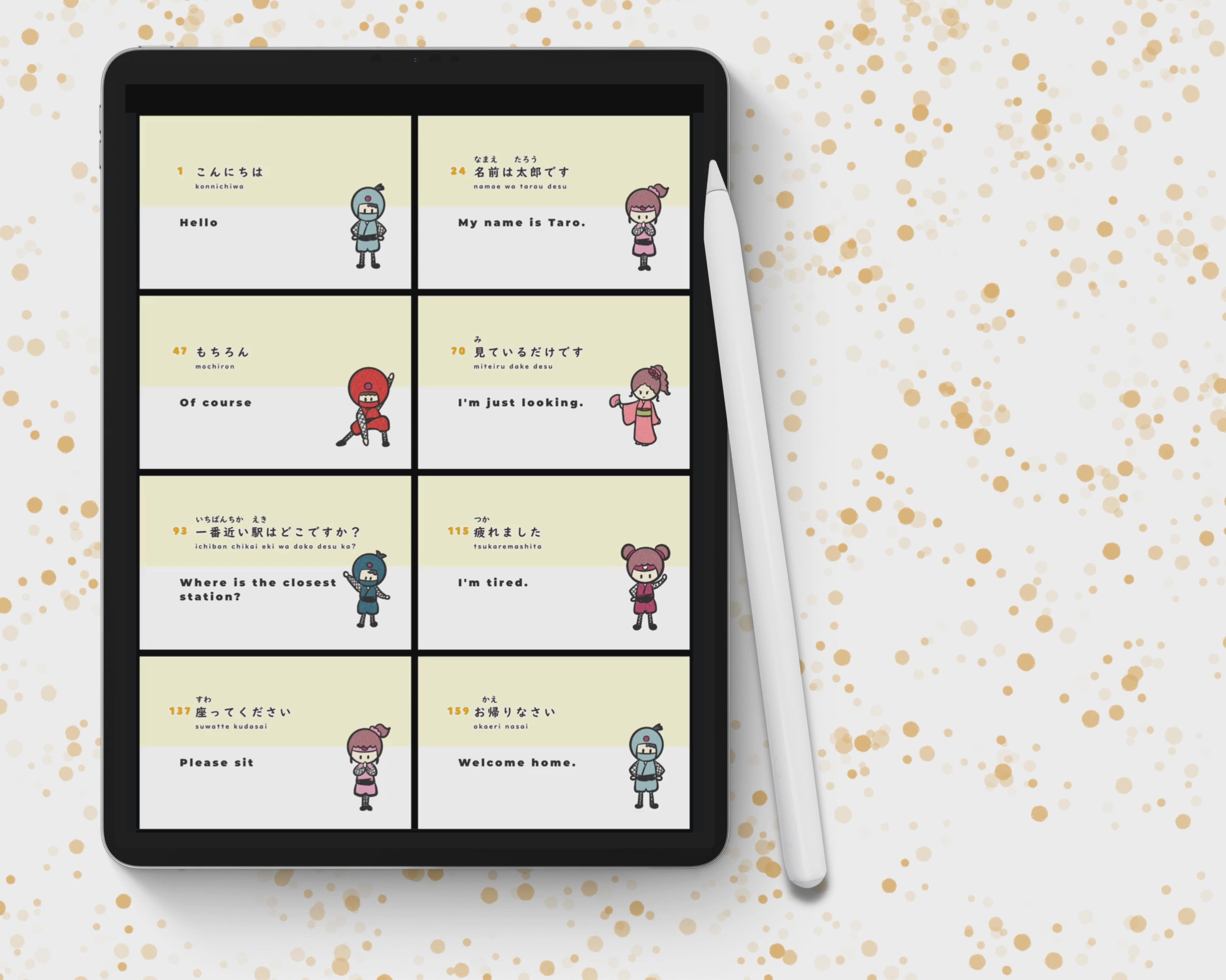 Promotional video about Japanese phrase flashcards featuring basic vocabularies and sentences with cute drawings on iPad.