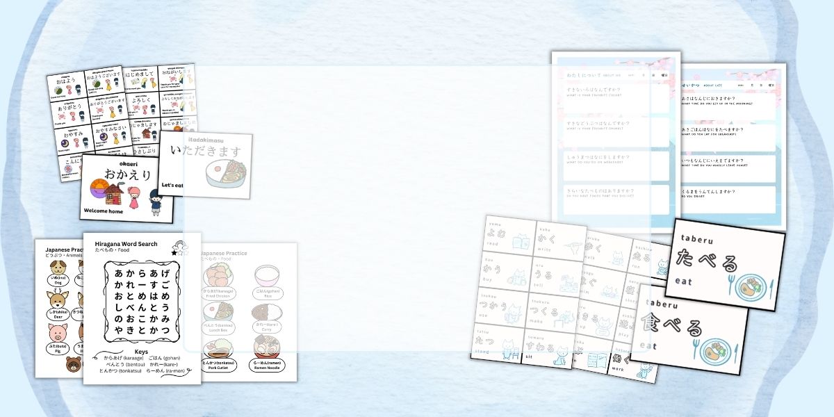 Educational materials with Japanese text and illustrations for learning vocabularies and phrases