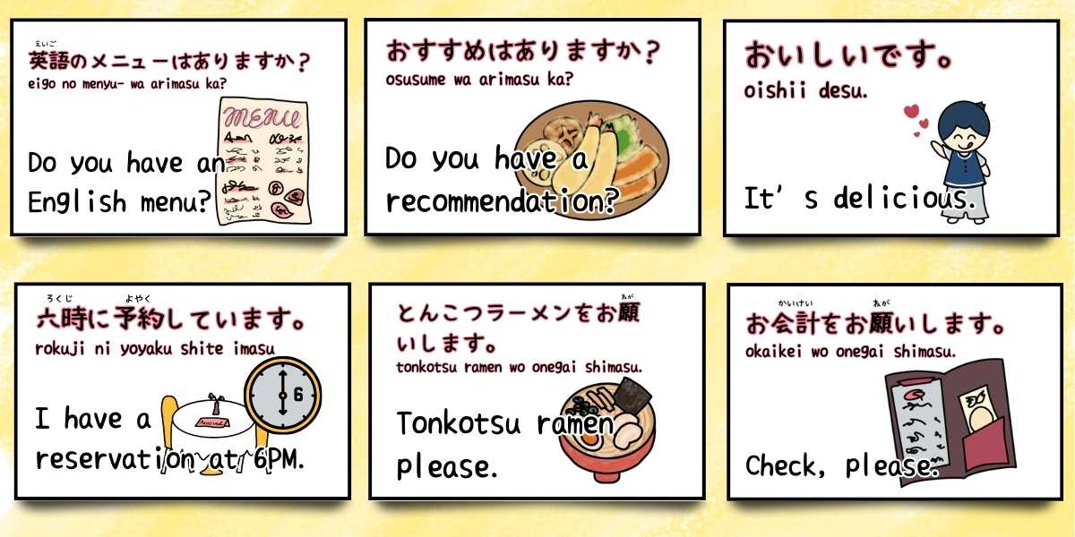 Examples of various digital flashcards in Japanese phrases useful to beginner learners and tourists in Japan.